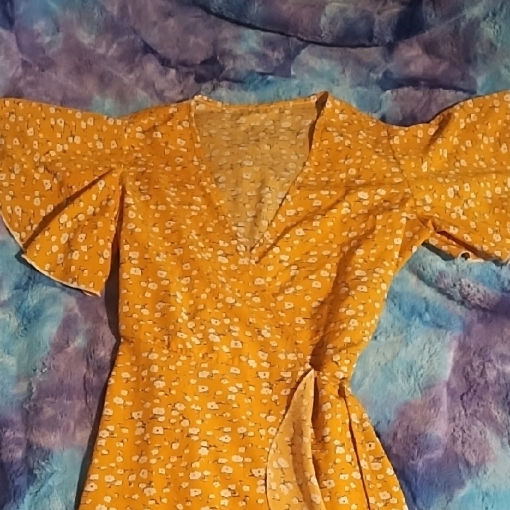 #028 Floral Yellow Wrap Dress - Picture 2 of 4